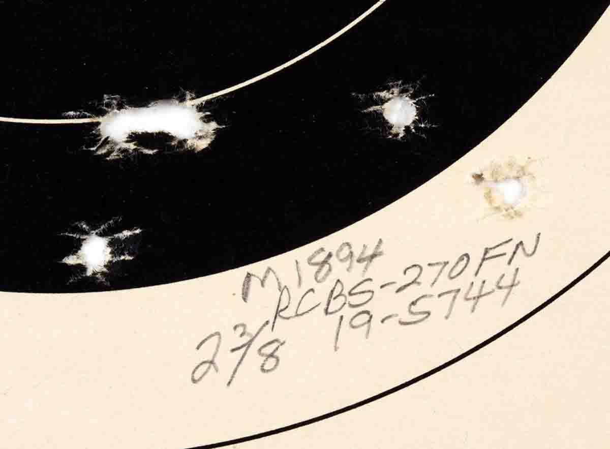 This 100-yard group is fairly common from Mike’s vintage Winchester Model 1894 38-55. Note: His favorite cast bullet handload is listed.